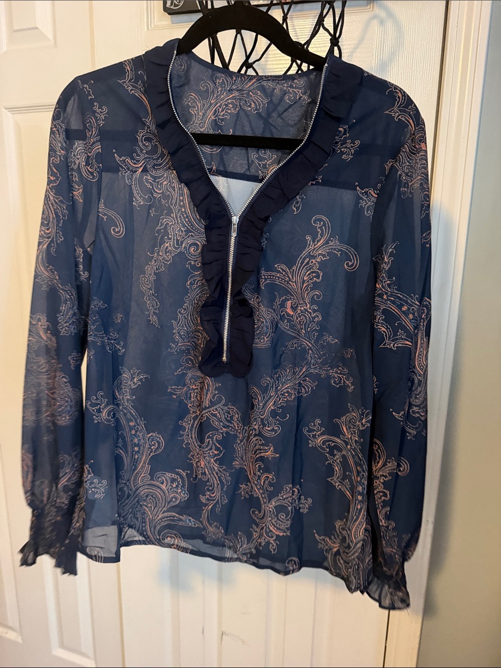 Navy Paisley Ruffle V-Neck Long-Sleeve Blouse